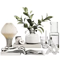 Decorative Ornament Set With Fresh Greenery White Vase Table Lamp Glassware Books And Candles