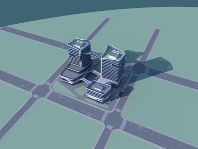 Modern Twin Office Towers With Connected Base At Urban Road Intersection 3d model