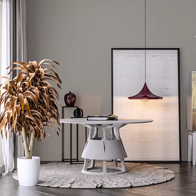 Modern Coffee Table With Potted Plant Hanging Lamp And Decorative Painting 3d model