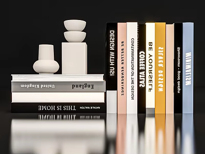 Modern Decorative Ornaments Arrangement with White Ceramic Pieces and Books on Minimalist Reflective Surface 3d model