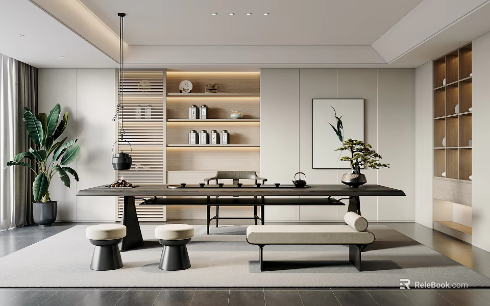 Modern Tea Room Interior Design With Wooden Tea Table Display Shelves And Green Plants 3d model 