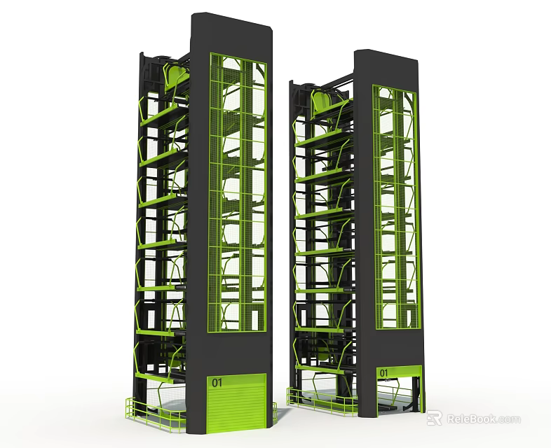 Modern Public Parking Facilities With Double Tall Multi Level Green And Black Structure 3d model