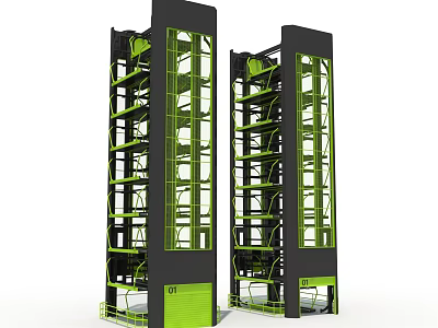 Modern Public Parking Facilities With Double Tall Multi Level Green And Black Structure 3d model