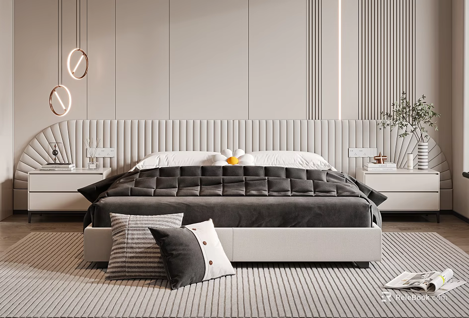 Modern Double Bed With Upholstered Headboard Bedside Tables And Pendant Lights 3d model