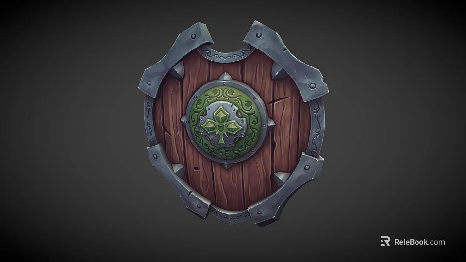Intricate Decorative Wooden Shield With Metal Edges And Green Floral Emblem 3d model 