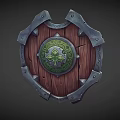 Intricate Decorative Wooden Shield With Metal Edges And Green Floral Emblem