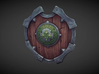 Intricate Decorative Wooden Shield With Metal Edges And Green Floral Emblem 3d model