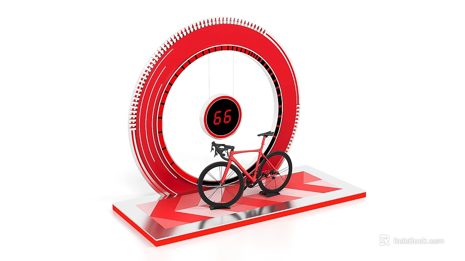 Interactive Zone Featuring Red Circular Structure Digital Screen 86 And Bicycle 3d model 