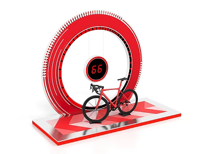 Interactive Zone Featuring Red Circular Structure Digital Screen 86 And Bicycle 3d model