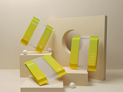 Yellow Transparent Packaging Bags on Beige Geometric Display Stands with White Small Balls 3d model