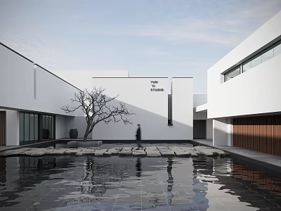 Zen Garden Landscape Design with Modern White Architecture Water Pond Stone Path and Sculptural Tree 3d model