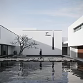 Zen Garden Landscape Design with Modern White Architecture Water Pond Stone Path and Sculptural Tree