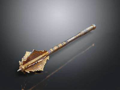 Traditional Golden Ornate Carved Weapon With Spiked Head And Long Handle 3d model