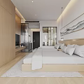 Modern Hotel Guest Room Interior With Wooden Shelves TV Bed Plant And Lighting