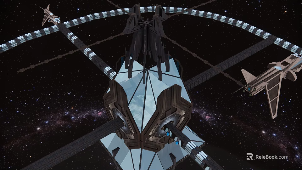 Cartoon Space Station Scene With Flying Spaceships And Starry Galaxy Background 3d model 