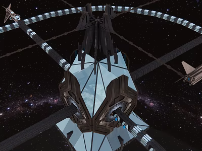 Cartoon Space Station Scene With Flying Spaceships And Starry Galaxy Background 3d model