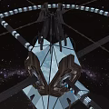 Cartoon Space Station Scene With Flying Spaceships And Starry Galaxy Background