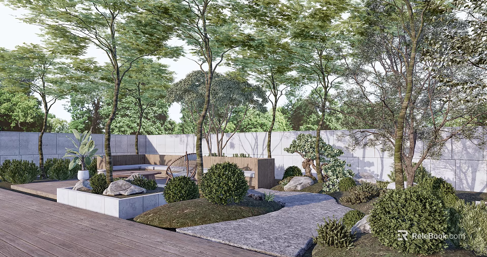 Serene Garden Landscape With Tall Trees Lush Lawn Stone Pathway And Green Bushes 3d model 