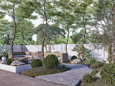 Serene Garden Landscape With Tall Trees Lush Lawn Stone Pathway And Green Bushes 3d model
