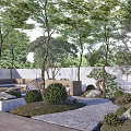 Serene Garden Landscape With Tall Trees Lush Lawn Stone Pathway And Green Bushes