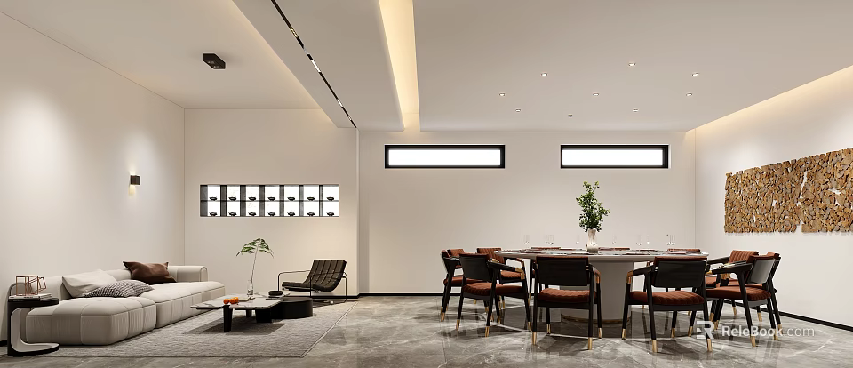 Modern Basement Interior With Sofa Dining Table Chairs Plant Decorative Wall And Ceiling Design 3d model