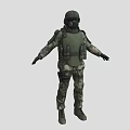 Military Protective Character in Camouflage Uniform With Helmet Gas Mask and Green Body Armor