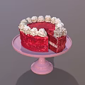 Red Velvet Cake With White Cream Topping On Pink Cake Stand And Sliced Piece