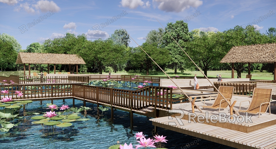 Modern Park Waterfront Park Landscape Water Wooden Platform Fishing Rod Fishing Platform Fishing Wooden Plank Road Lotus Pool Thatch Shed model