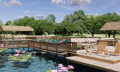 Modern Park Waterfront Park Landscape Water Wooden Platform Fishing Rod Fishing Platform Fishing Wooden Plank Road Lotus Pool Thatch Shed 3d model