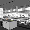 Stainless Steel Commercial Kitchen Setup With Large Workstations Hanging Racks And Kitchen Utensils