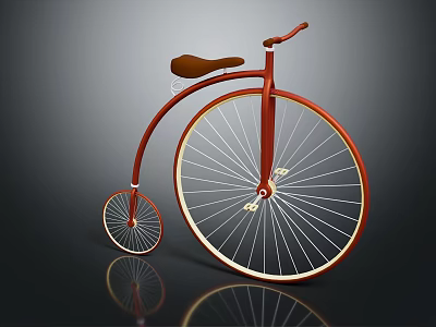 Red Vintage Bicycle With Large Front Wheel Small Rear Wheel And Brown Seat 3d model