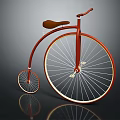 Red Vintage Bicycle With Large Front Wheel Small Rear Wheel And Brown Seat