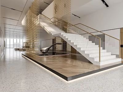 Modern Lobby Interior With Gold Grid Decoration White Staircase Glass Railing And Wooden Floor 3d model