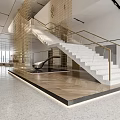 Modern Lobby Interior With Gold Grid Decoration White Staircase Glass Railing And Wooden Floor