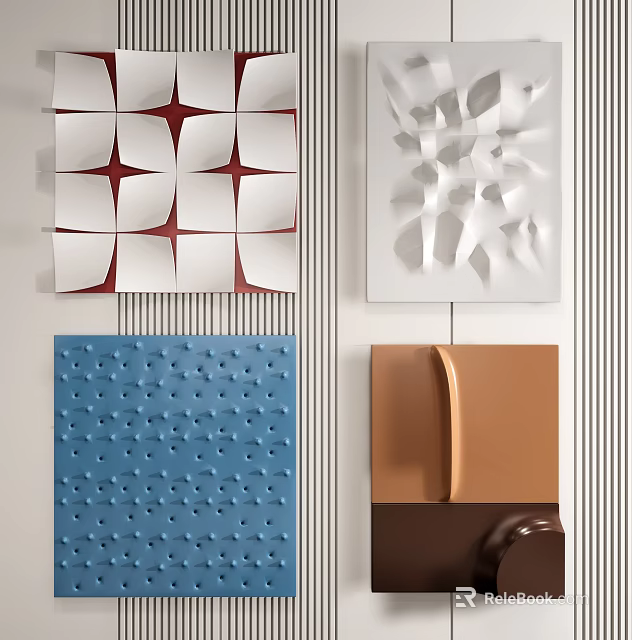 Modern Wall Decor with Geometric Patterns 3D Textures Blue Dotted and Brown Curved Designs 3d model