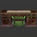 Vintage Wooden Desk With Marble Top And Drawers Paired With Green Upholstered Chair