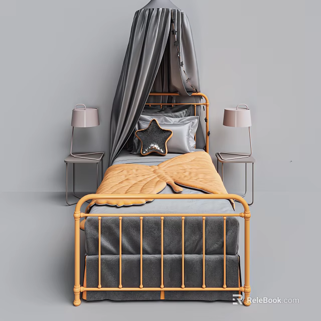 Yellow Metal Frame Children's Bed With Gray Canopy Leaf Quilt Star Cushion And Pink Lamps 3d model 