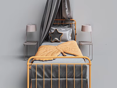 Yellow Metal Frame Children's Bed With Gray Canopy Leaf Quilt Star Cushion And Pink Lamps 3d model