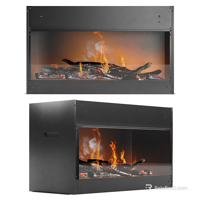 Modern Black Fireplace Design With Glass Front And Burning Wood Logs 3d model 