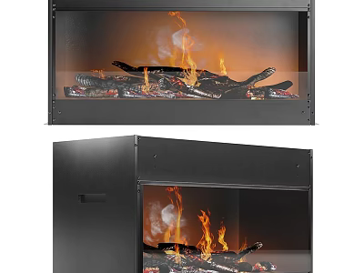 Modern Black Fireplace Design With Glass Front And Burning Wood Logs 3d model