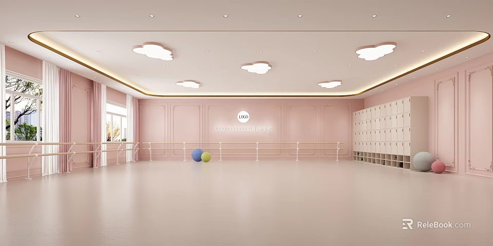 Spacious Pink Fitness Studio With Mirror Walls Lockers Ballet Barres And Colorful Balls 3d model 