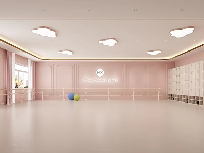 Spacious Pink Fitness Studio With Mirror Walls Lockers Ballet Barres And Colorful Balls 3d model