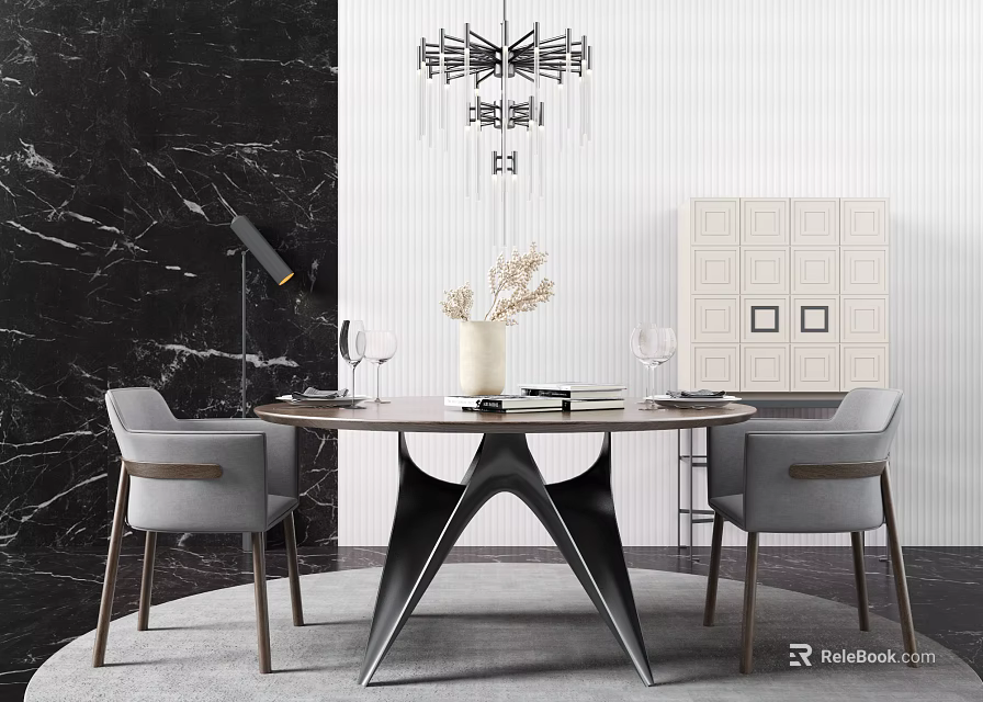 Modern Dining Table Set With Gray Chairs White Vase And Marble Background 3d model