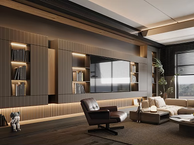 Modern Living Room Interior With Wooden TV Wall Bookshelves Sofa Armchair Rug And Plant 3d model