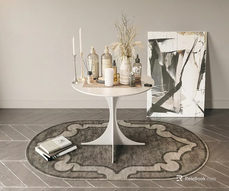 White Round Top Side Table With Decorative Items On Round Rug Near Abstract Painting 3d model 