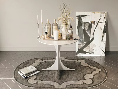 White Round Top Side Table With Decorative Items On Round Rug Near Abstract Painting 3d model