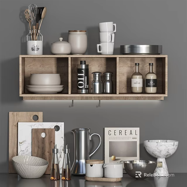 Stylish Wooden Shelf Display With Kitchenware Mugs Jars Bottles Cutting Boards And Kettle 3d model 