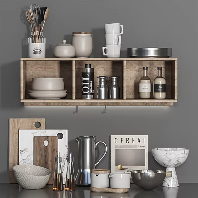 Stylish Wooden Shelf Display With Kitchenware Mugs Jars Bottles Cutting Boards And Kettle 3d model