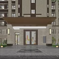 Modern High Rise Building Facade With Light Colored Stone Windows Entrance Porch And Outdoor Lights