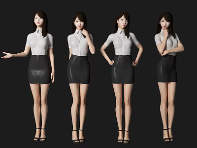 Women In White Shirts And Black Leather Skirts With Various Poses On Black Background 3d model